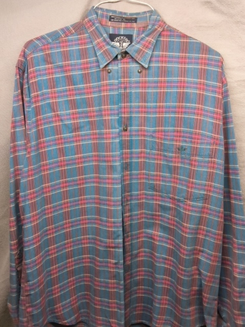 Dockers Blue and Pink Plaid Long-Sleeve Button-Down Shirt 100%cottomɓ, Imported